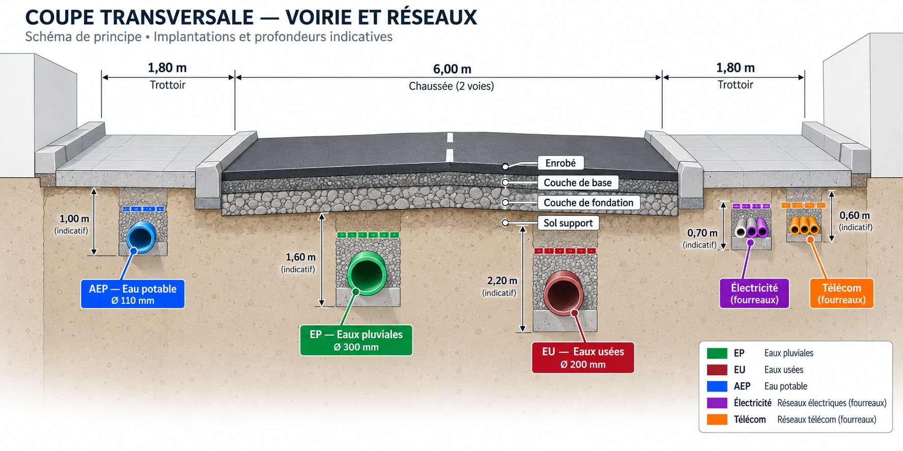 Coupe de principe illustrant les couches de chaussée et les réseaux enterrés