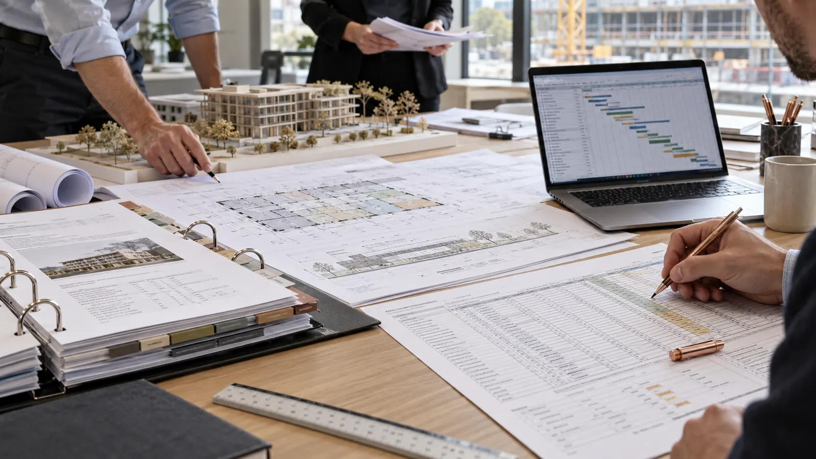 Table de préparation d’une réponse à un appel d’offres avec plans, dossier et planning