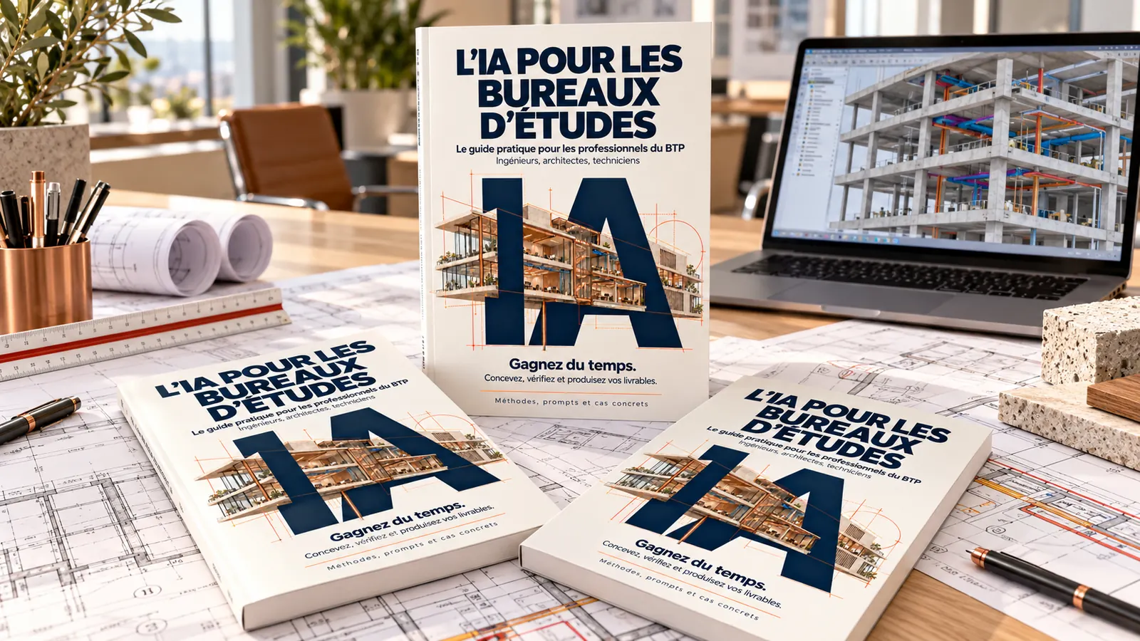 Plusieurs exemplaires du guide L’IA pour les bureaux d’études posés sur des plans dans un environnement professionnel